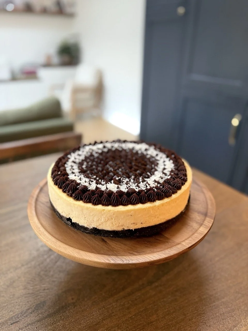 Artisanal chocolate coconut baked cheesecake made in Girton, Cambridge CB3