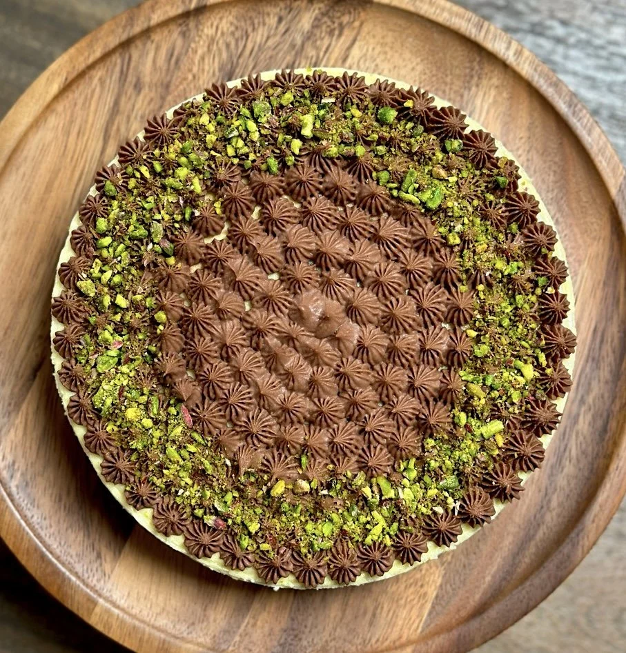 Artisanal chocolate pistachio swirl cheesecake baked in Cambridge