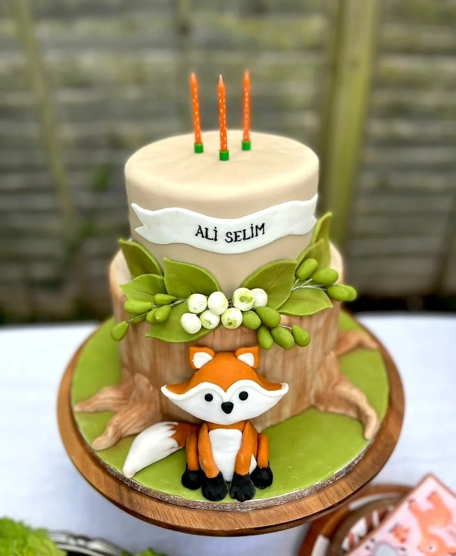 Woodland fox rustic themed children's celebration cake Cambridge