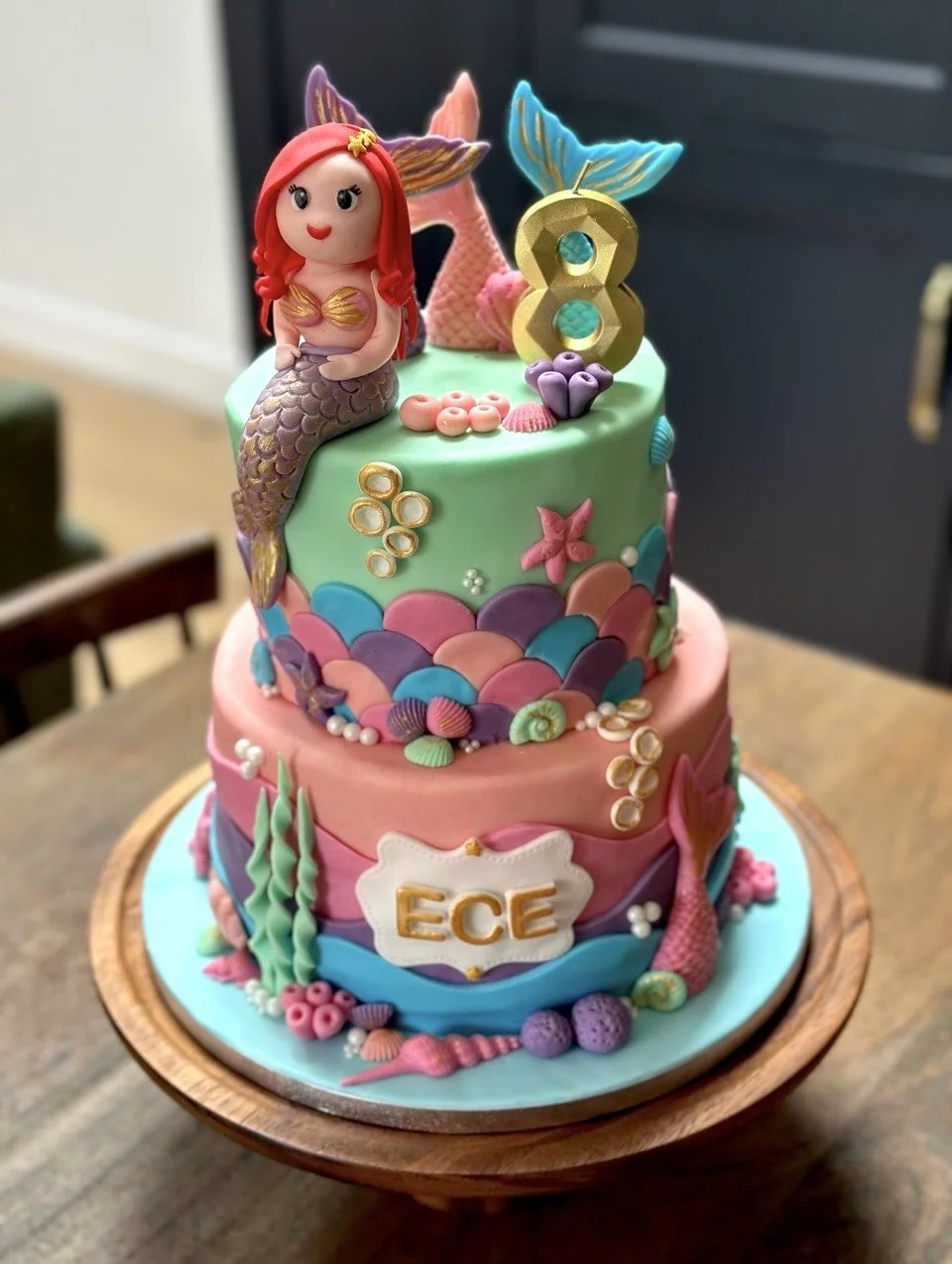 Three-tier mermaid ocean themed birthday party cake Cambridge