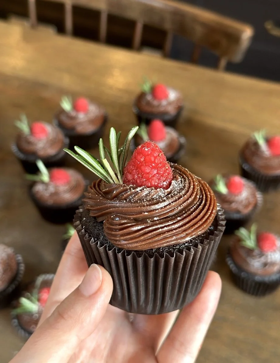 Gourmet chocolate raspberry rosemary cupcakes Cambridge