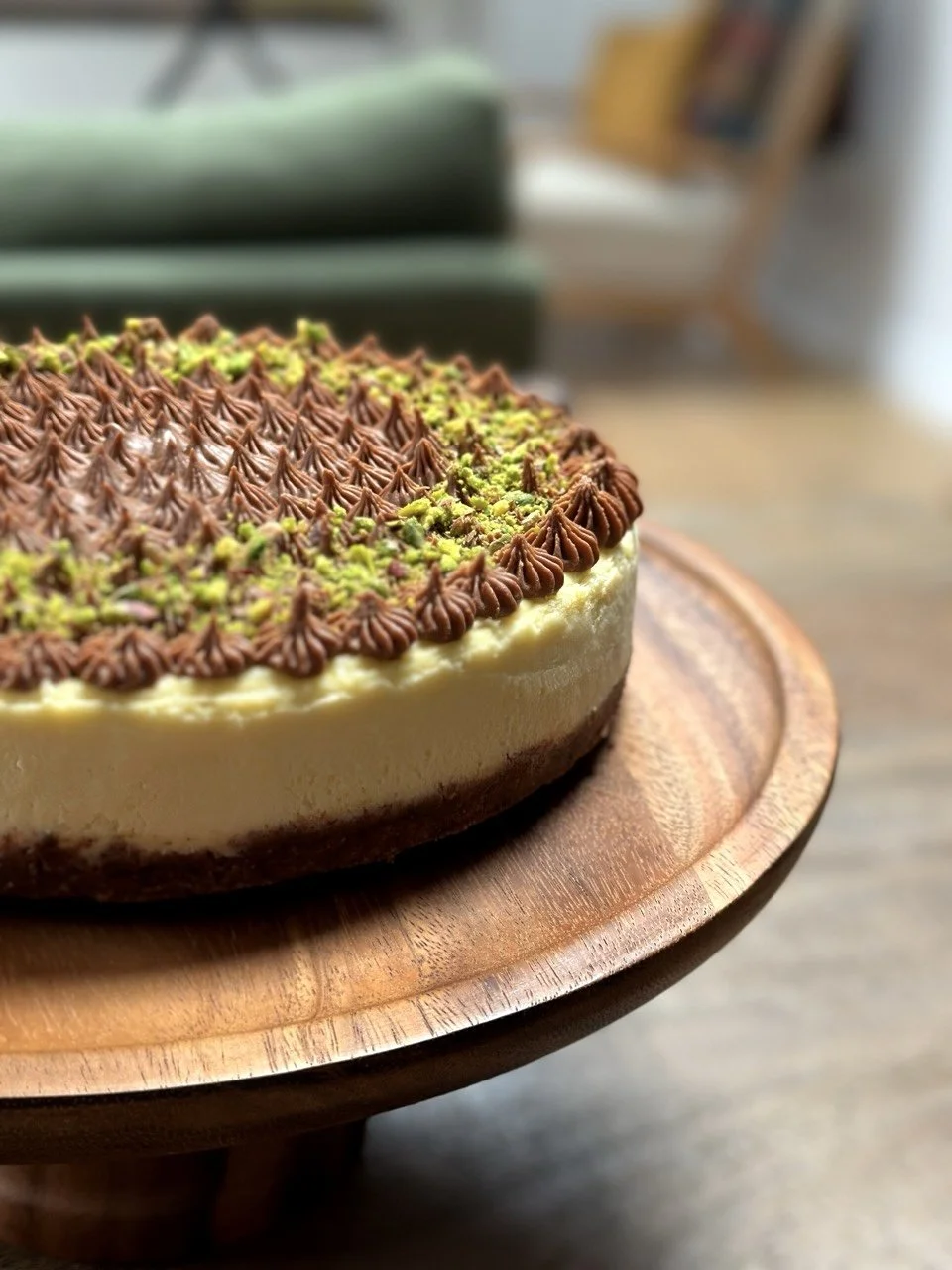 Handcrafted pistachio chocolate layered cheesecake for collection in Girton, Cambridge CB3