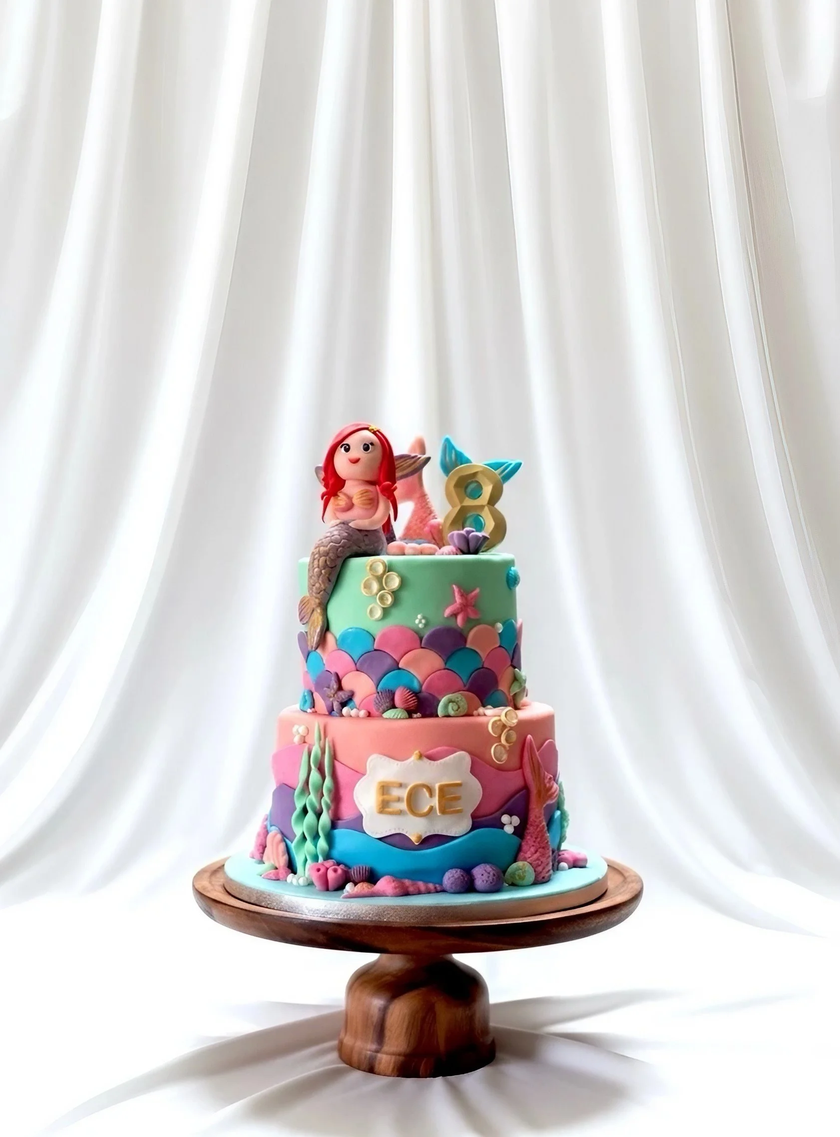 Custom three-tier mermaid ocean themed children's birthday cake created in Cambridge